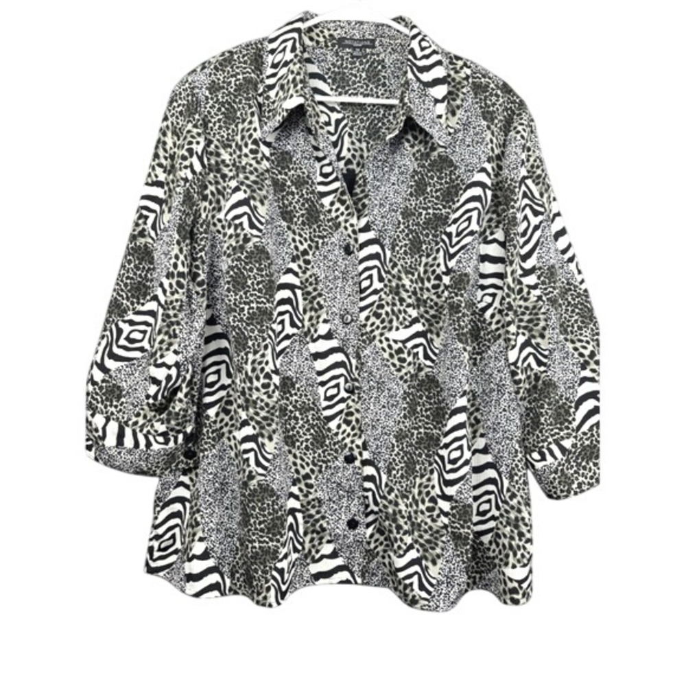 Notations Blouse Womens 3X Mixed Animal Print Zebra Leopard Button Front
